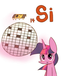 Size: 800x1000 | Tagged: safe, artist:joycall6, part of a set, character:twilight sparkle, species:pony, species:unicorn, series:joycall6's periodic table, blushing, chemistry, circuit, electronics, female, integrated circuit, mare, microchip, periodic table, semiconductor, silicon, simple background, smiling, solo, wafer, white background