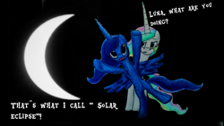 Size: 1024x576 | Tagged: safe, artist:lupiarts, character:princess celestia, character:princess luna, alicorn eclipse, catasterism, eclipse, solar eclipse, spread wings, traditional art, wings