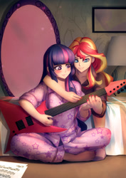 Size: 990x1400 | Tagged: safe, artist:bakki, character:sunset shimmer, character:twilight sparkle, ship:sunsetsparkle, my little pony:equestria girls, barefoot, bed, bedroom, blushing, clothing, commission, electric guitar, feet, female, guitar, humanized, lamp, lesbian, mirror, nail polish, pajamas, shipping, toenail polish, toes