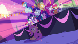Size: 1280x720 | Tagged: safe, artist:capnpea, edit, edited screencap, screencap, character:apple bloom, character:applejack, character:fluttershy, character:mayor mare, character:pinkie pie, character:rainbow dash, character:rarity, character:scootaloo, character:spike, character:sweetie belle, character:twilight sparkle, species:pegasus, species:pony, cutie mark crusaders, fimbriae, glowing eyes, mane seven, mane six, ponytones outfit