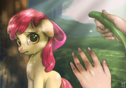 Size: 2381x1667 | Tagged: safe, artist:mrs1989, character:apple bloom, species:earth pony, species:human, species:pony, adorabloom, crying, cute, female, filly, hand, hose, sad, sweat, wet, wet mane