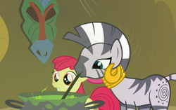 Size: 899x564 | Tagged: safe, artist:queencold, character:apple bloom, character:zecora, species:zebra, brew, cauldron, zecora's hut