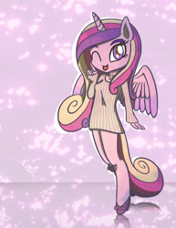 Size: 1280x1656 | Tagged: safe, artist:flutterluv, character:princess cadance, species:anthro, ambiguous facial structure, blep, clothing, female, solo, sweater, tongue out, wink