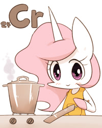 Size: 800x1000 | Tagged: safe, artist:joycall6, part of a set, character:princess celestia, species:pony, series:joycall6's periodic table, bipedal, chemistry, chromium, cooking, cooking pot, female, pan, periodic table, solo, stainless steel