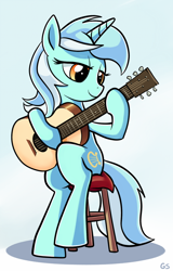 Size: 576x900 | Tagged: safe, artist:gsphere, character:lyra heartstrings, species:pony, species:unicorn, chair, female, guitar, lidded eyes, sitting, smiling, solo, stool