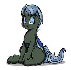 Size: 734x731 | Tagged: safe, artist:graphenescloset, oc, oc only, oc:nirvana, species:changeling, blue changeling, blue eyes, changeling oc, female, horn, simple background, sitting, solo, white background