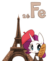 Size: 800x1000 | Tagged: safe, artist:joycall6, part of a set, character:rarity, species:pony, species:unicorn, series:joycall6's periodic table, baguette, beatnik rarity, beret, blushing, bread, chemistry, clothing, eiffel tower, female, ferrum, food, hat, iron, mare, periodic table, simple background, solo, sweater, white background