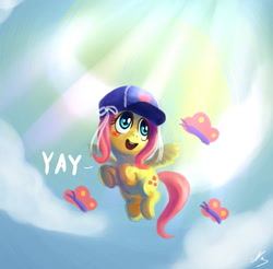 Size: 1200x1180 | Tagged: dead source, safe, artist:ninjaham, character:fluttershy, species:pegasus, species:pony, baseball cap, butterfly, cap, clothing, cloud, crepuscular rays, cute, female, filly, filly fluttershy, hat, ribbon, shyabetes, solo, sunlight, younger