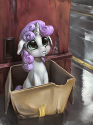Size: 2164x2924 | Tagged: safe, artist:mrs1989, character:sweetie belle, species:pony, species:unicorn, g4, cute, diasweetes, female, filly, floppy ears, pony in a box, pouting, sad, sadorable, sitting, solo, young
