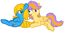 Size: 1280x645 | Tagged: safe, artist:furrgroup, oc, oc only, oc:internet explorer, species:earth pony, species:pegasus, species:pony, ask internet explorer, browser ponies, internet explorer, libra, lidded eyes, looking at each other, lying down, ponyscopes, simple background, smiling, white background, zodiac