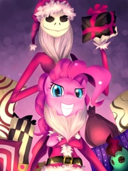 Size: 600x800 | Tagged: safe, artist:bakki, character:pinkie pie, species:earth pony, species:pony, beard, bipedal, clothing, costume, crossed hooves, crossover, duo, facial hair, female, jack skellington, mare, parody, present, the nightmare before christmas, tim burton