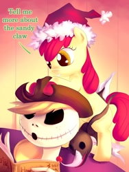 Size: 600x800 | Tagged: safe, artist:bakki, character:apple bloom, species:earth pony, species:pony, bipedal leaning, book, clothing, creepy, crossover, cute, duo, female, filly, hat, jack skellington, open mouth, parody, pony hat, santa hat, smiling, the nightmare before christmas, tim burton