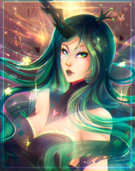 Size: 1522x1922 | Tagged: safe, artist:koveliana, character:queen chrysalis, species:human, chromatic aberration, female, horned humanization, humanized, solo
