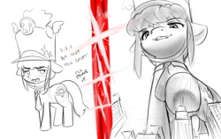 Size: 1106x701 | Tagged: safe, artist:alloyrabbit, species:pony, bow, bow tie, city, clothing, giant pony, growth, hat, impending doom, kill la kill, looking at you, looking down at you, macro, nonon jakuzure, ponified, sketch, skull, this well end in rampage, this will end in destruction, underhoof