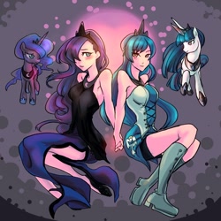 Size: 800x800 | Tagged: safe, artist:bakki, character:princess luna, oc, oc:angel song, species:alicorn, species:human, species:pony, abstract background, female, humanized, mare
