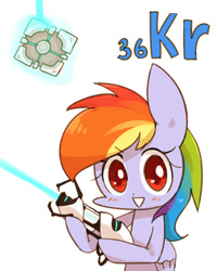 Size: 800x1000 | Tagged: safe, artist:joycall6, part of a set, character:rainbow dash, series:joycall6's periodic table, blushing, companion cube, cute, female, krypton, periodic table, portal (valve), portal gun, solo
