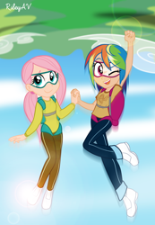 Size: 1280x1851 | Tagged: safe, artist:rileyav, character:fluttershy, character:rainbow dash, species:human, air ponyville, falling, freefall, goggles, holding hands, humanized, parachute, sky, skydiving
