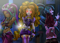 Size: 1600x1152 | Tagged: safe, artist:mauroz, character:adagio dazzle, character:aria blaze, character:sonata dusk, species:human, ass, bedroom eyes, belly button, bellyring, breasts, busty adagio dazzle, busty aria blaze, cleavage, clothing, corset, dark skin, female, fishnets, glare, glowing eyes, humanized, lidded eyes, microphone, midriff, miniskirt, piercing, red eyes, skirt, socks, sonata donk, stockings, the dazzlings, thigh highs, unf, wide hips