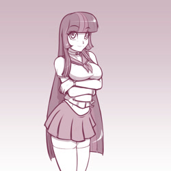 Size: 765x765 | Tagged: safe, artist:scorpdk, character:twilight sparkle, species:human, clothing, female, humanized, implied lesbian, implied shipping, implied twixie, looking at you, monochrome, sailor uniform, school uniform, skirt, smiling, socks, solo, thigh highs, zettai ryouiki