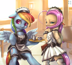 Size: 2734x2480 | Tagged: safe, artist:mrs1989, character:fluttershy, character:rainbow dash, species:pony, bipedal, blushing, choker, chokerdash, chokershy, clothing, dress, floppy ears, garter, grin, hoof hold, looking back, maid, semi-anthro, shy, skirt, skirt lift, smiling, socks, spread wings, tea, teacup, wings