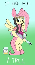 Size: 612x1134 | Tagged: safe, artist:metal-kitty, character:fluttershy, species:pegasus, species:pony, blue background, bottomless, bunny ears, clothing, crossover, dangerous mission outfit, female, flying, glasses, gradient background, green background, gun, hooves, i'd like to be a tree, jar, jarate, mare, optical sight, partial nudity, pee in container, rifle, simple background, sniper, sniper rifle, snipershy, solo, spread wings, sweater, sweatershy, team fortress 2, text, turtleneck, urine, weapon, wings