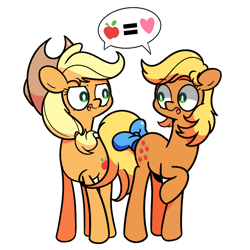 Size: 1280x1280 | Tagged: safe, artist:duop-qoub, artist:turtlefarminguy, character:applejack, character:applejack (g1), species:earth pony, species:pony, g1, my little pony 'n friends, applejack's hat, bow, clothing, cowboy hat, cutie mark, dialogue, duo, female, g1 to g4, generation leap, generational ponidox, hat, looking at each other, open mouth, ponidox, speech bubble, tail bow, that pony sure does love apples