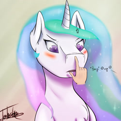 Size: 2362x2362 | Tagged: safe, artist:elzzombie, character:princess celestia, species:human, angry, blushing, boop, cross-popping veins, female, fluffy, frown, glare, hand, solo
