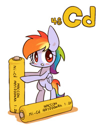Size: 800x1000 | Tagged: safe, artist:joycall6, part of a set, character:rainbow dash, species:pegasus, species:pony, series:joycall6's periodic table, battery, bipedal, blushing, cadmium, female, mare, periodic table, simple background, solo, white background