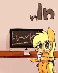 Size: 800x1000 | Tagged: safe, artist:joycall6, part of a set, character:applejack, series:joycall6's periodic table, apple (company), blushing, coffee, computer, drink, female, hoof hold, indium, looking at you, mac, monitor, mug, periodic table, sitting, smiling, solo