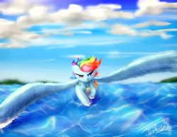 Size: 5314x4133 | Tagged: safe, artist:elzzombie, character:rainbow dash, absurd resolution, big wings, female, flying, glare, looking at you, smirk, solo, spread wings, water, wings