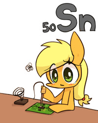 Size: 800x1000 | Tagged: safe, artist:joycall6, part of a set, character:applejack, series:joycall6's periodic table, blushing, chemistry, circuit board, electronics, female, hatless, hoof hold, missing accessory, pcb, periodic table, solder, soldering, soldering iron, solo, stannum, teary eyes, tin