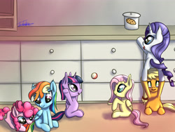 Size: 4724x3543 | Tagged: safe, artist:elzzombie, character:applejack, character:fluttershy, character:pinkie pie, character:rainbow dash, character:rarity, character:twilight sparkle, character:twilight sparkle (alicorn), species:alicorn, species:pony, cookie jar, cute, female, filly, mane six, mare, weapons-grade cute