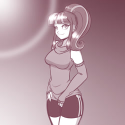 Size: 1280x1280 | Tagged: safe, artist:scorpdk, character:starlight glimmer, species:human, bangs, bedroom eyes, breasts, busty starlight glimmer, clothing, compression shorts, female, happy, humanized, lidded eyes, looking at you, monochrome, sexy, shorts, sleeveless turtleneck, smiling, solo, thighs