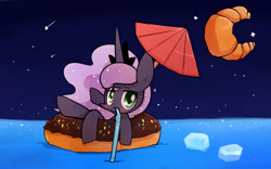Size: 1600x1000 | Tagged: safe, artist:joycall6, character:princess luna, croissant, donut, female, food, solo, umbrella, water