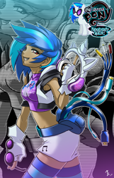 Size: 1030x1600 | Tagged: safe, artist:mauroz, character:dj pon-3, character:vinyl scratch, species:human, clothing, dark skin, female, headphones, humanized, midriff, my little pony logo, skirt, solo, wrong eye color, zoom layer