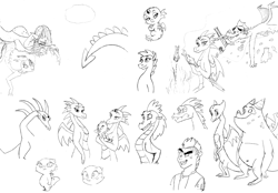 Size: 1000x697 | Tagged: safe, artist:queencold, character:fizzle, character:garble, oc, oc:frazzle, oc:jade, species:dragon, species:human, species:sea serpent, baby dragon, black and white, clump, dragon oc, dragoness, fire, fish, flower, grayscale, hoard, humanized, monochrome, mother and son, offspring, pregnant, simple background, sketch, sketch dump, teenaged dragon, water, white background