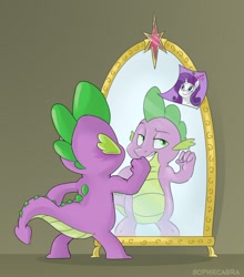 Size: 800x909 | Tagged: safe, artist:spainfischer, character:rarity, character:spike, female, flexing, male, mirror, photo, solo