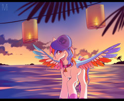 Size: 1700x1394 | Tagged: safe, artist:margony, oc, oc only, candle, clothing, collar, colored wings, colored wingtips, hat, looking at you, multicolored wings, ocean, scenery, smiling, solo, spread wings, wet, wet mane, wings