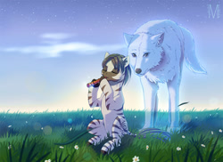 Size: 1373x1000 | Tagged: safe, artist:margony, oc, oc only, species:wolf, species:zebra, eyes closed, flower, flute, musical instrument, scenery, solo