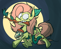 Size: 1056x858 | Tagged: safe, artist:capnpea, character:fluttershy, species:bird, species:pegasus, species:pony, abstract background, female, jar, mare, snake, solo, teeth, tree branch, walking