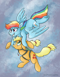 Size: 680x870 | Tagged: safe, artist:spainfischer, character:applejack, character:rainbow dash, flying, grin, parachute, skydiving, smiling, spread wings, wings