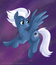 Size: 779x900 | Tagged: safe, artist:spainfischer, character:night glider, cute, female, flying, glideabetes, looking back, night, smiling, solo, spread wings, wings