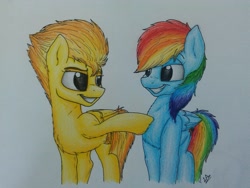 Size: 1024x768 | Tagged: safe, artist:lupiarts, character:rainbow dash, character:spitfire, ship:spitdash, female, lesbian, pencil drawing, poking, shipping, traditional art