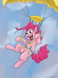 Size: 670x900 | Tagged: safe, artist:spainfischer, character:pinkie pie, female, flying, parachute, skydiving, smiling, solo