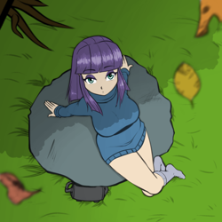 Size: 1280x1280 | Tagged: safe, artist:scorpdk, character:maud pie, species:human, boulder, breasts, busty maud pie, clothing, female, grass, humanized, looking at you, outdoors, socks, solo, tree