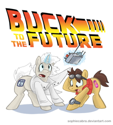 Size: 810x900 | Tagged: safe, artist:spainfischer, species:earth pony, species:pony, species:unicorn, back to the future, doc brown, duo, goggles, male, marty mcfly, ponified, simple background, stallion, transparent background