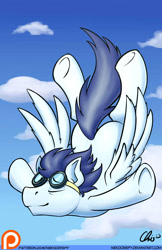 Size: 858x1326 | Tagged: safe, artist:nekocrispy, character:soarin', species:pegasus, species:pony, cute, eyes closed, freefall, goggles, male, patreon, smiling, solo, stallion, underhoof