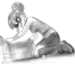 Size: 952x809 | Tagged: safe, artist:alloyrabbit, character:twilight sparkle, character:twilight sparkle (scitwi), species:eqg human, my little pony:equestria girls, boots, building, canterlot high, clothing, experiment, female, giantess, glasses, grayscale, looking down, macro, magic, monochrome, skirt, solo