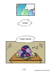 Size: 1024x1449 | Tagged: safe, artist:mrs1989, character:princess celestia, character:twilight sparkle, colored, comic, filly, filly twilight sparkle, school, sleeping, sleeping in class, spike the messenger, zzz