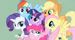 Size: 640x349 | Tagged: safe, artist:capnpea, edit, character:applejack, character:fluttershy, character:pinkie pie, character:rainbow dash, character:rarity, character:twilight sparkle, mane six, one of these things is not like the others